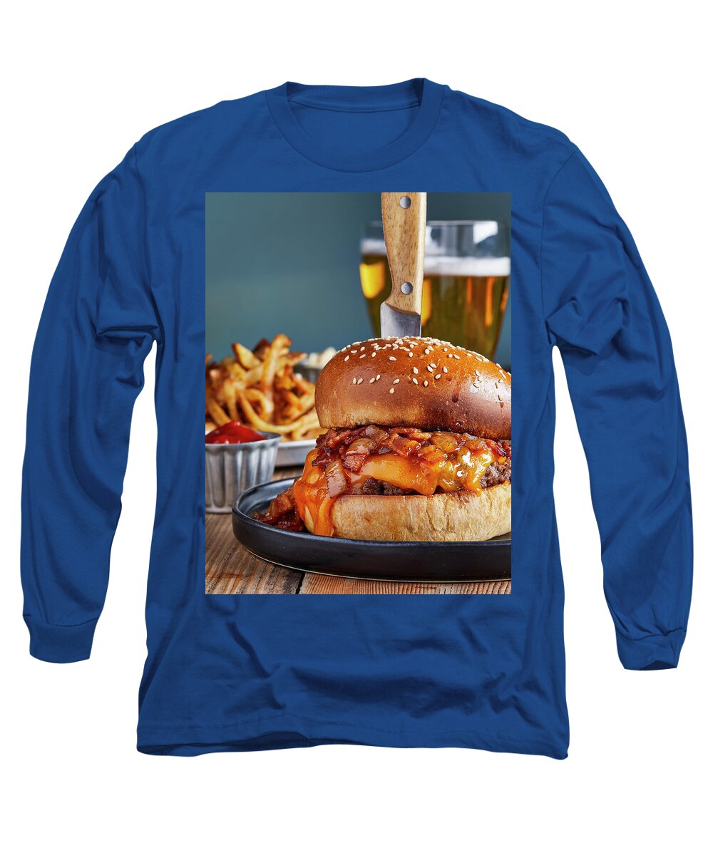Pub Long Sleeve T-Shirt featuring the photograph Pub burger and fries by Cuisine at Home