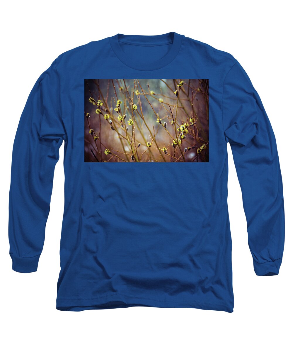 Flowers Long Sleeve T-Shirt featuring the photograph Snowfall on Budding Willows by Laura Roberts