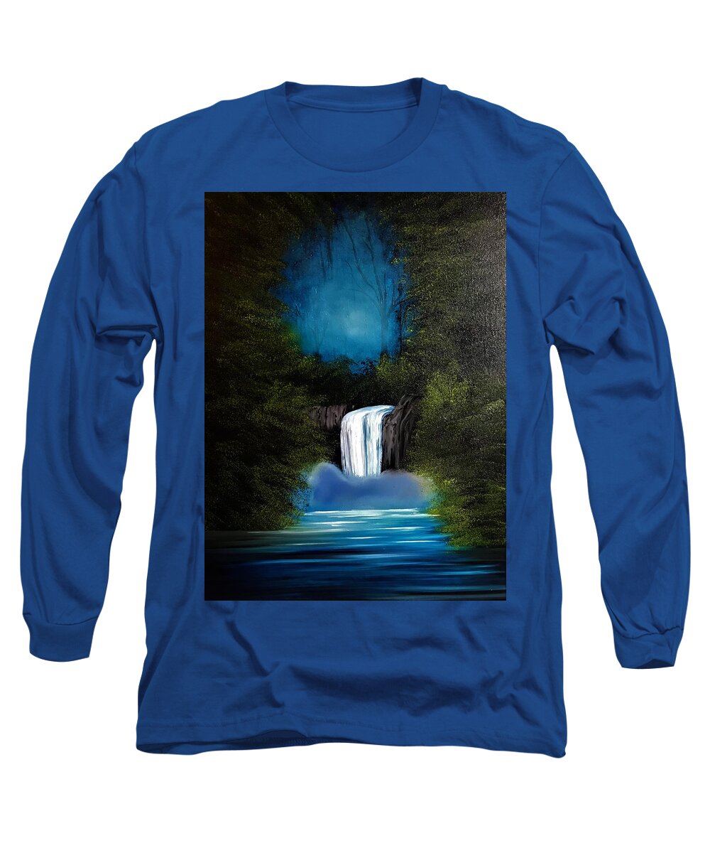 Blue Long Sleeve T-Shirt featuring the painting Water Fall In The Woods by Willy Proctor