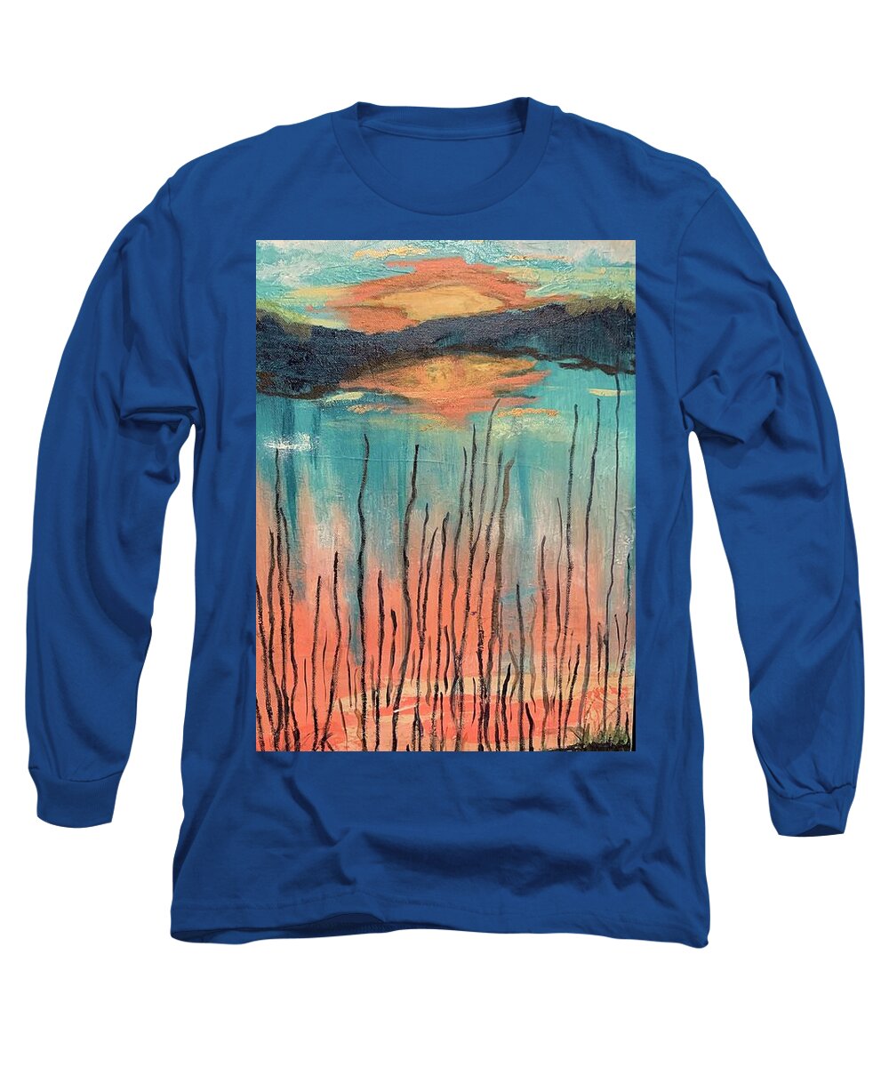 Sunset Long Sleeve T-Shirt featuring the painting Reeds At Sunset #1 by Laura Jaffe