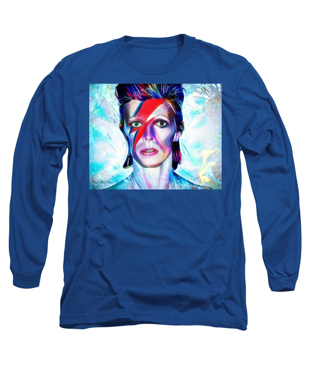 David Bowie Long Sleeve T-Shirt featuring the mixed media Aladdin Sane by Pennie McCracken