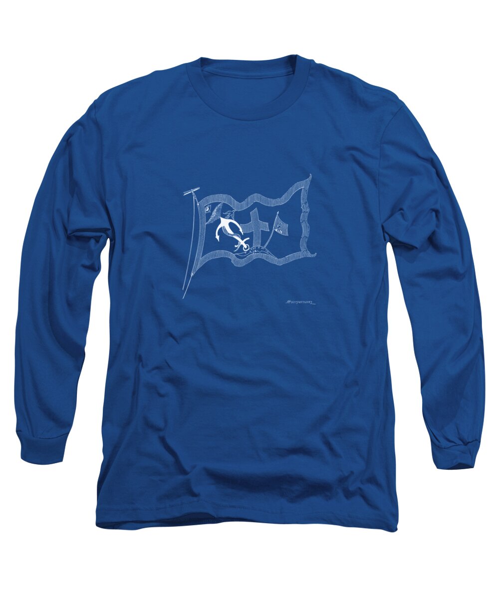 Sailing Vessels Long Sleeve T-Shirt featuring the drawing The Revolutionary Flag of Hydra - blueprint by Panagiotis Mastrantonis
