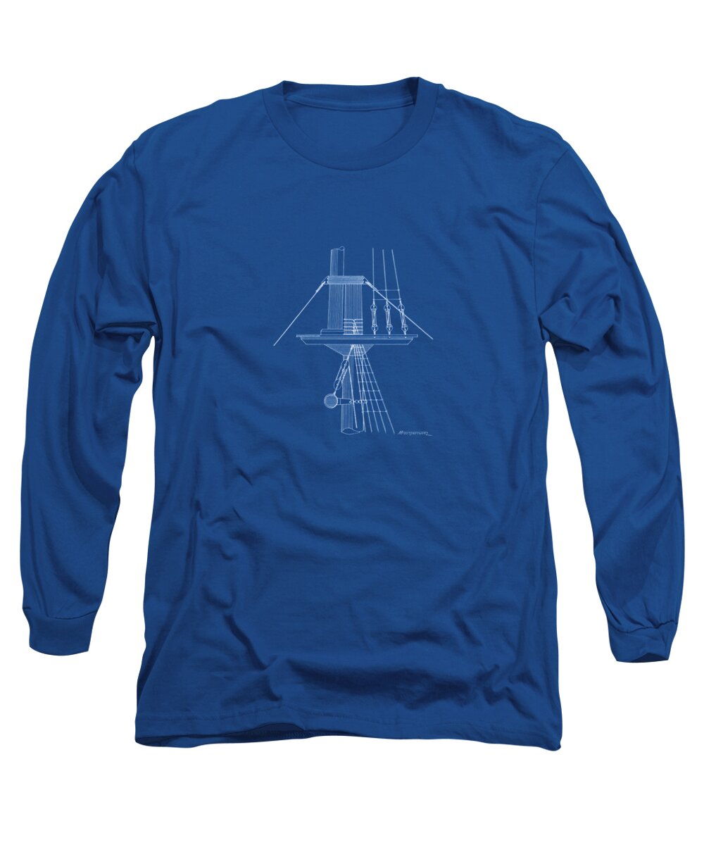 Sailing Vessels Long Sleeve T-Shirt featuring the drawing Sailing ship lookout - crow's nest - blueprint by Panagiotis Mastrantonis