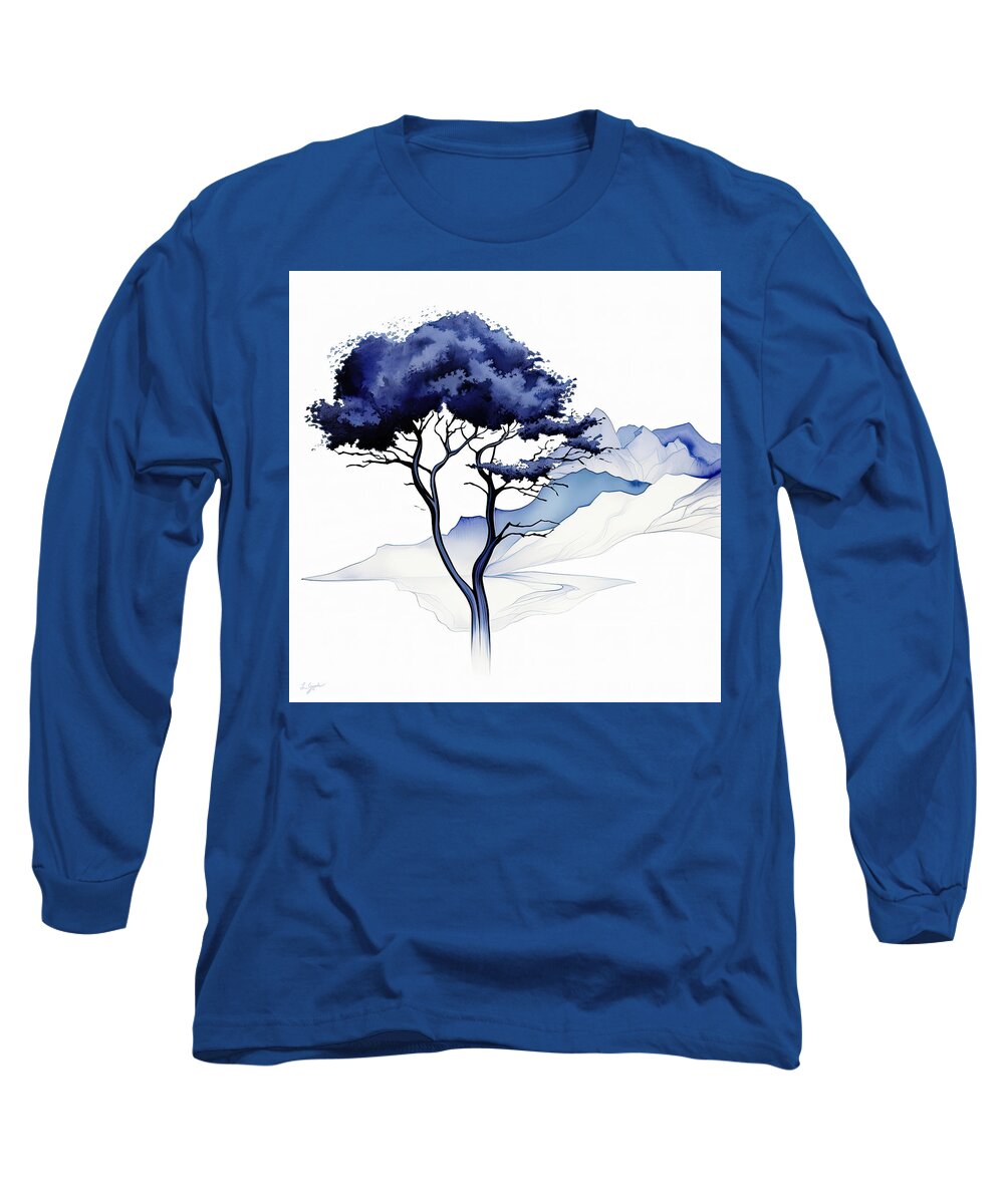 Blue Long Sleeve T-Shirt featuring the painting Beauty of Simplicity - Blue Mid-Century Modern Art by Lourry Legarde