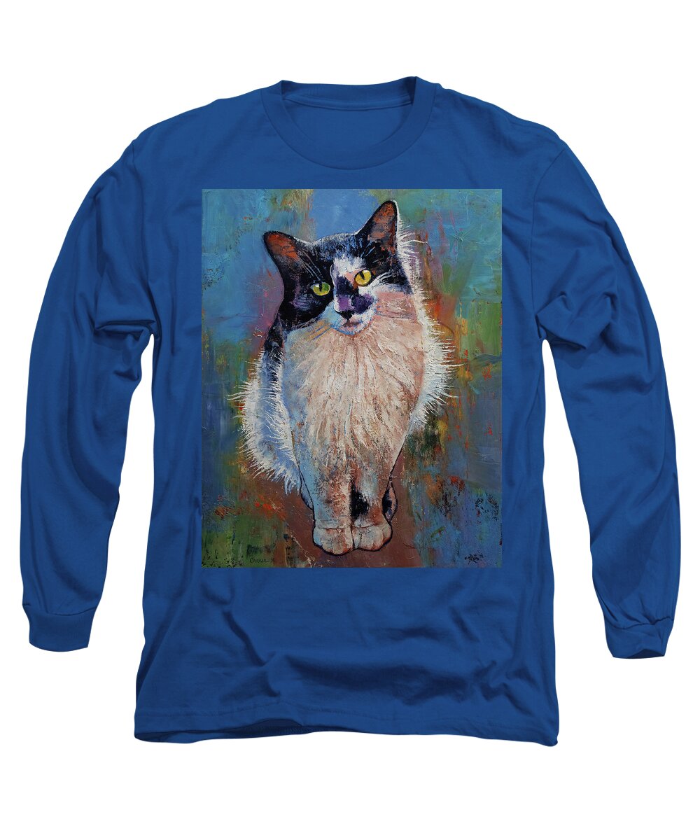 Cat Long Sleeve T-Shirt featuring the painting Black and White Cat by Michael Creese