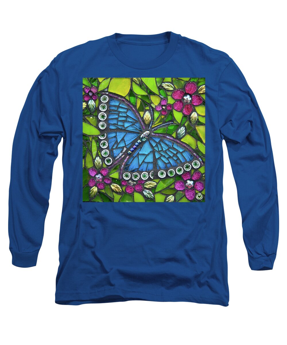 Butterfly Long Sleeve T-Shirt featuring the glass art Blue Beauty by Cherie Bosela