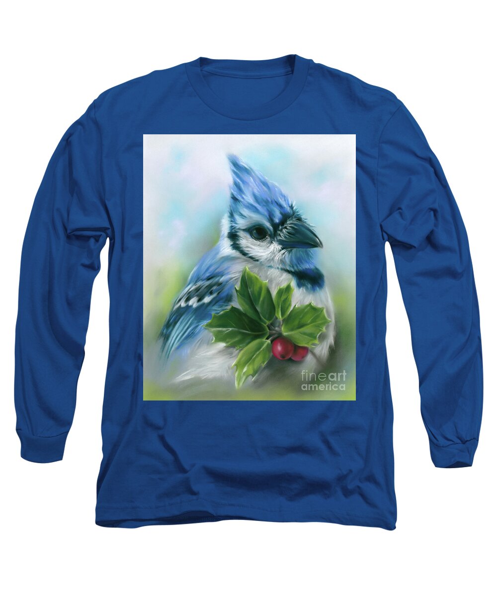 Bird Long Sleeve T-Shirt featuring the painting Blue Jay with Holly by MM Anderson