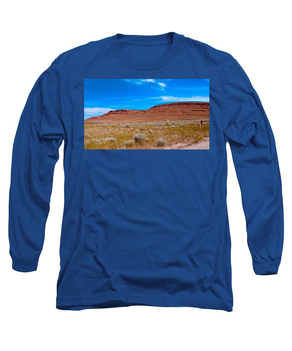 Blue Sky Long Sleeve T-Shirt featuring the photograph Blue sky, Red mountain by Yvonne M Smith