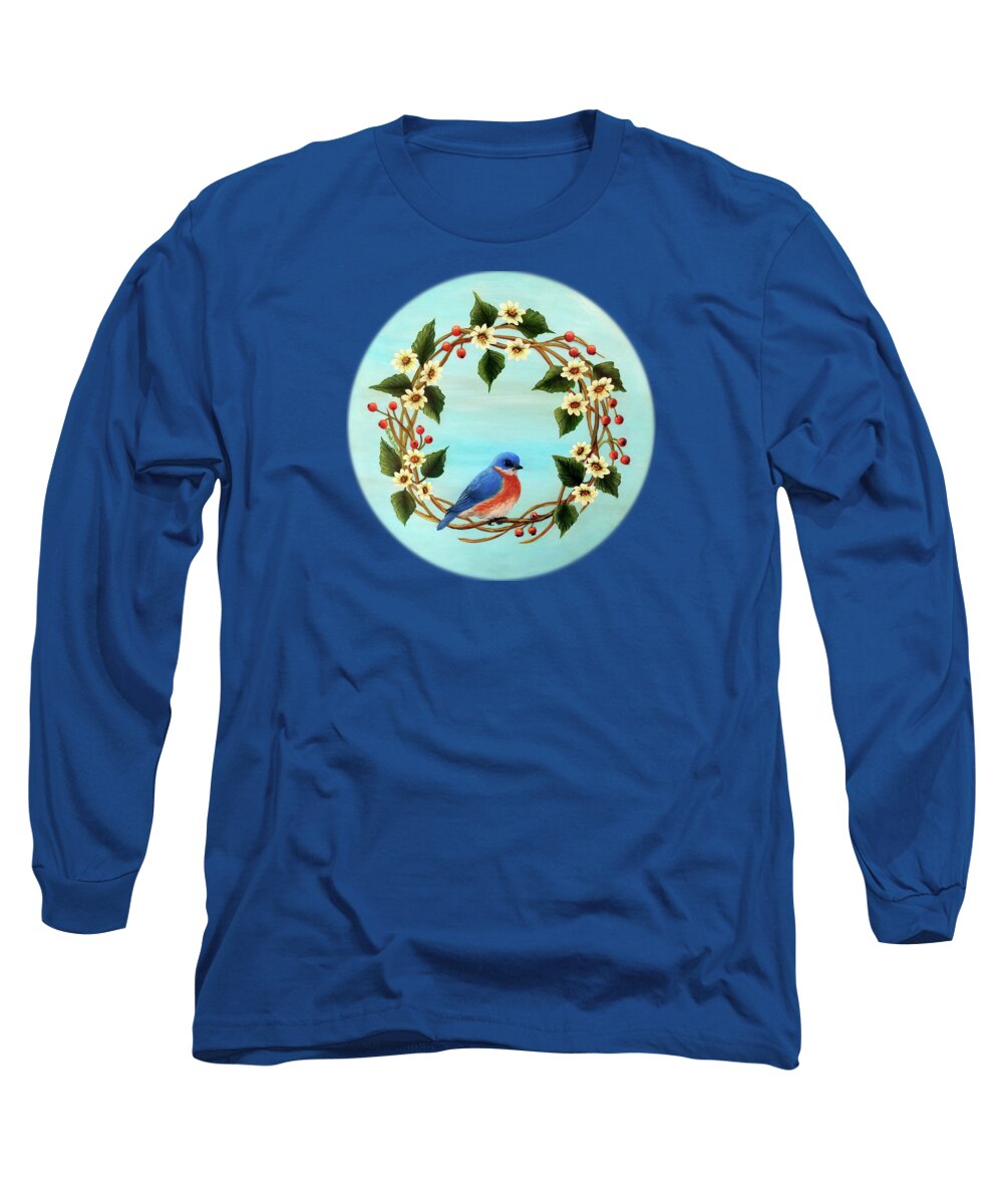 Wreath Long Sleeve T-Shirt featuring the painting Bluebird Wreath by Sarah Irland