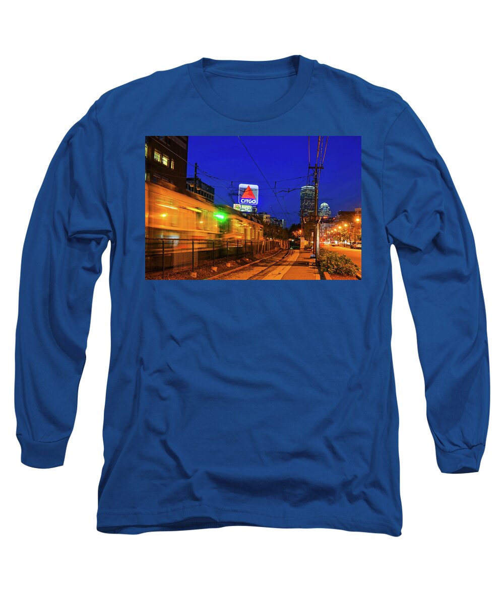 Boston Long Sleeve T-Shirt featuring the photograph Boston MA Green Line train on the move by Toby McGuire