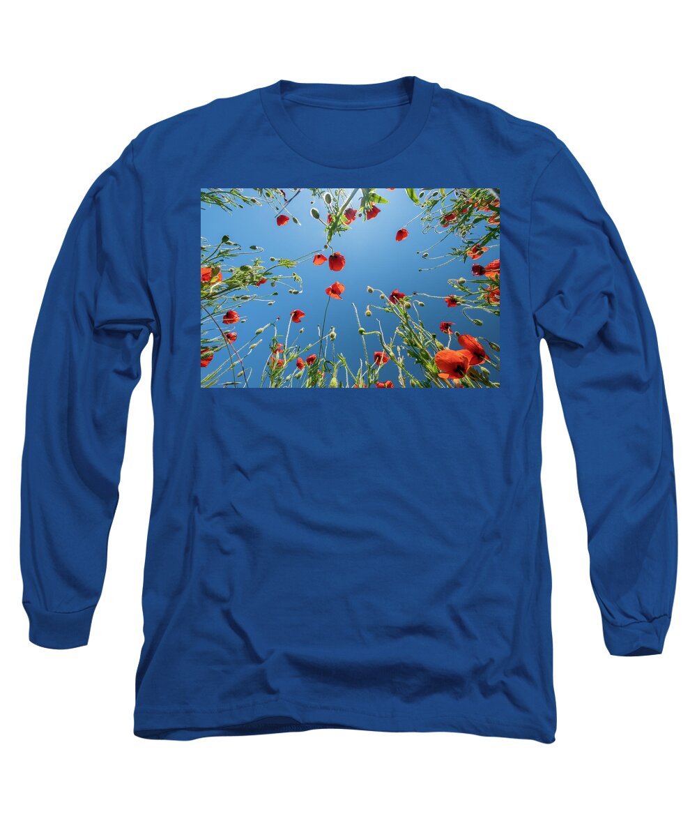 Flower Long Sleeve T-Shirt featuring the photograph Bottom view of red poppies and blue sky by Mikhail Kokhanchikov