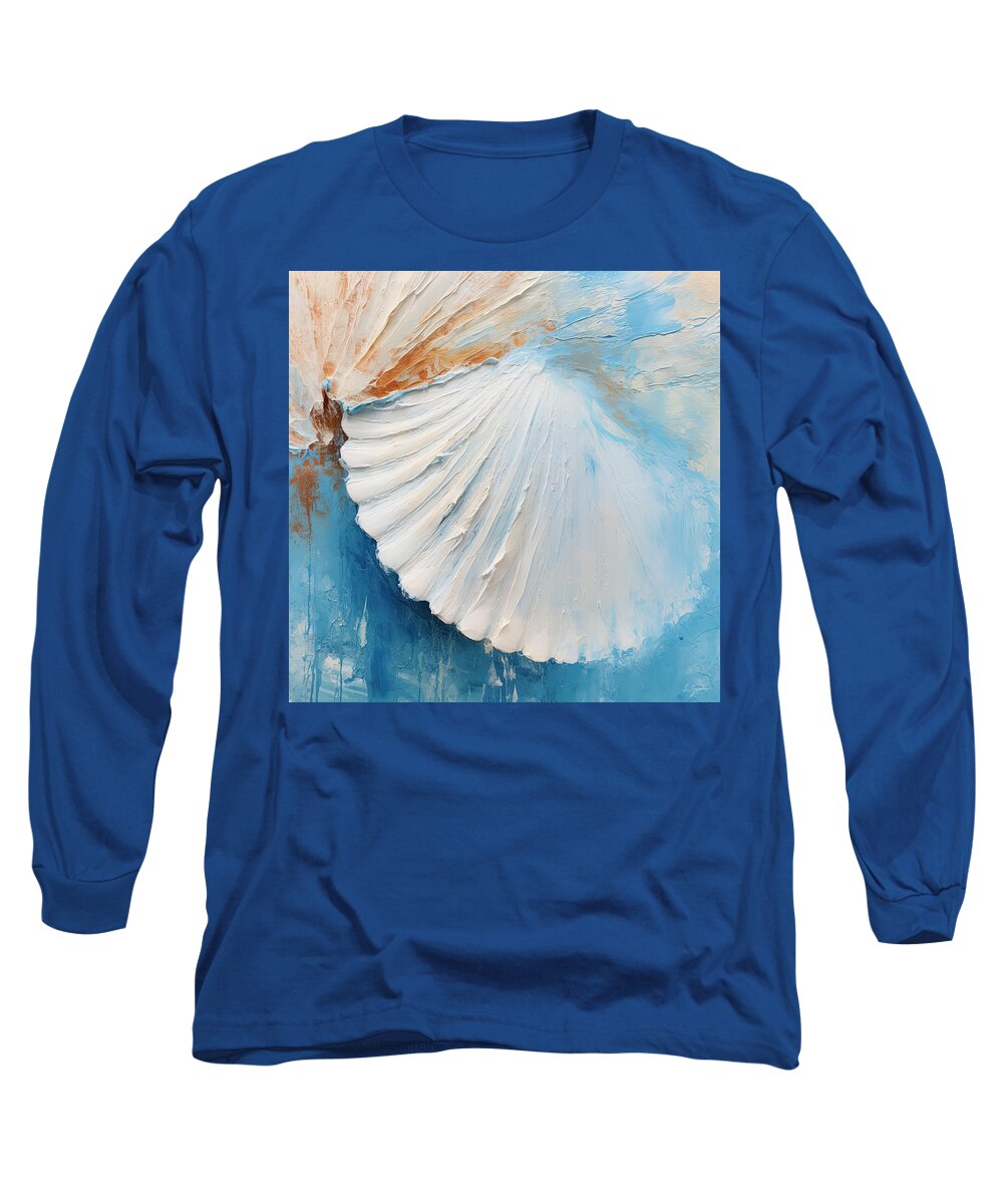 Seashell Long Sleeve T-Shirt featuring the painting Caribbean Blues - Beige and Blue Art by Lourry Legarde
