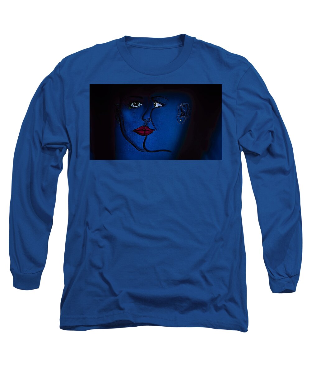 Modern Abstract Long Sleeve T-Shirt featuring the drawing Faces The Blues by Joan Stratton