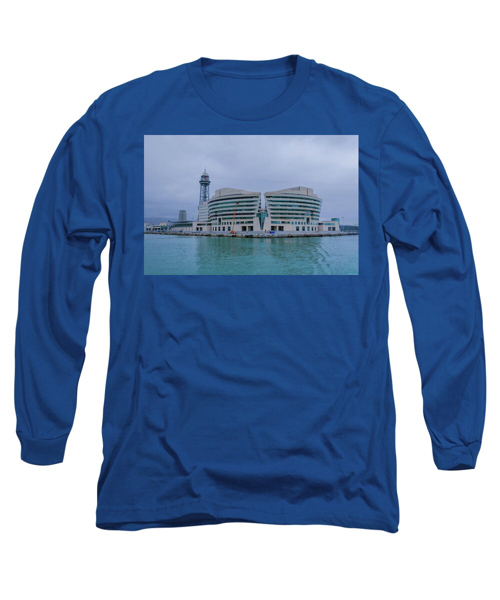#water #nature #photography #love #travel #sea #summer #naturephotography #photooftheday #ocean #beach #sky #landscape #instagood #beautiful #lake #art #river #sun #sunset #blue #photo#green #clouds #picoftheday #life #fun #instagram #adventure #harbour Boat#theshipyardblog #sailing Long Sleeve T-Shirt featuring the photograph Harbour Architecture Barcelona by Angela Carrion Photography