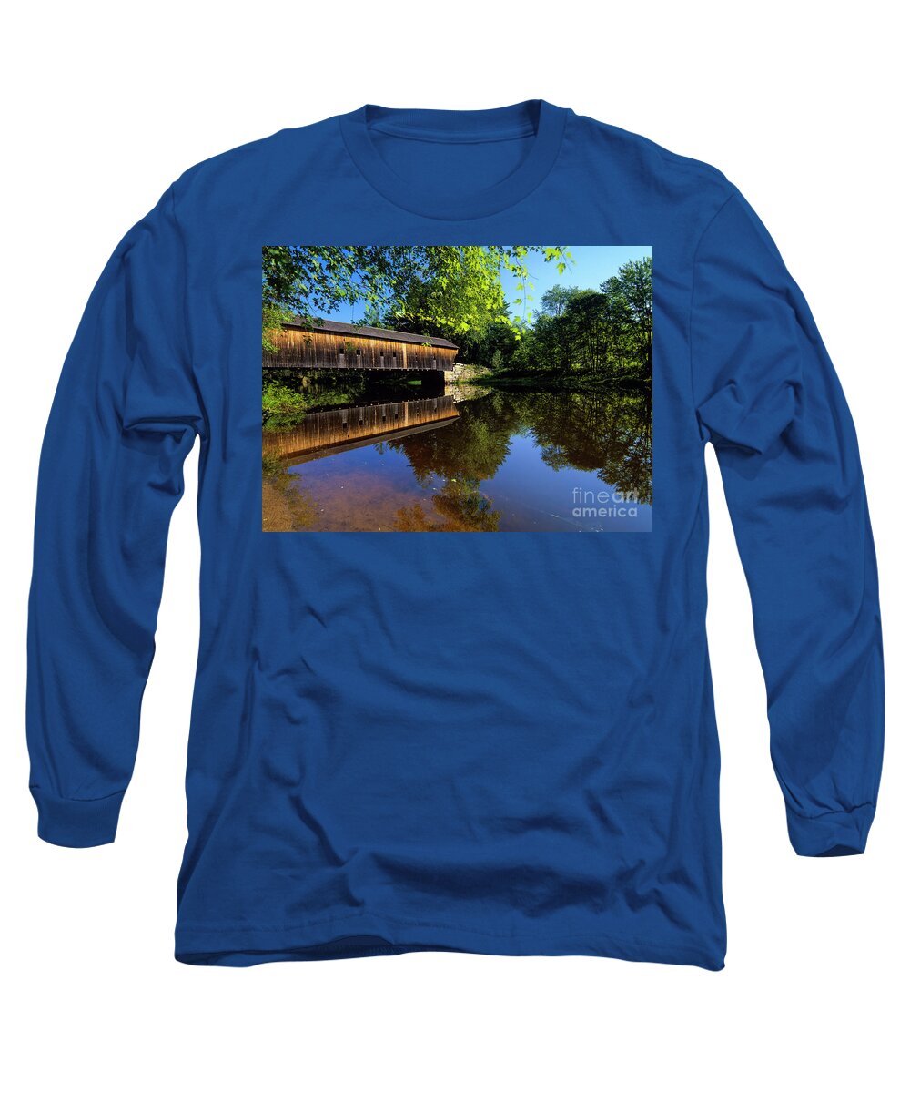 Americana Long Sleeve T-Shirt featuring the photograph Hemlock Covered Bridge - Fryeburg Maine USA. by Erin Paul Donovan