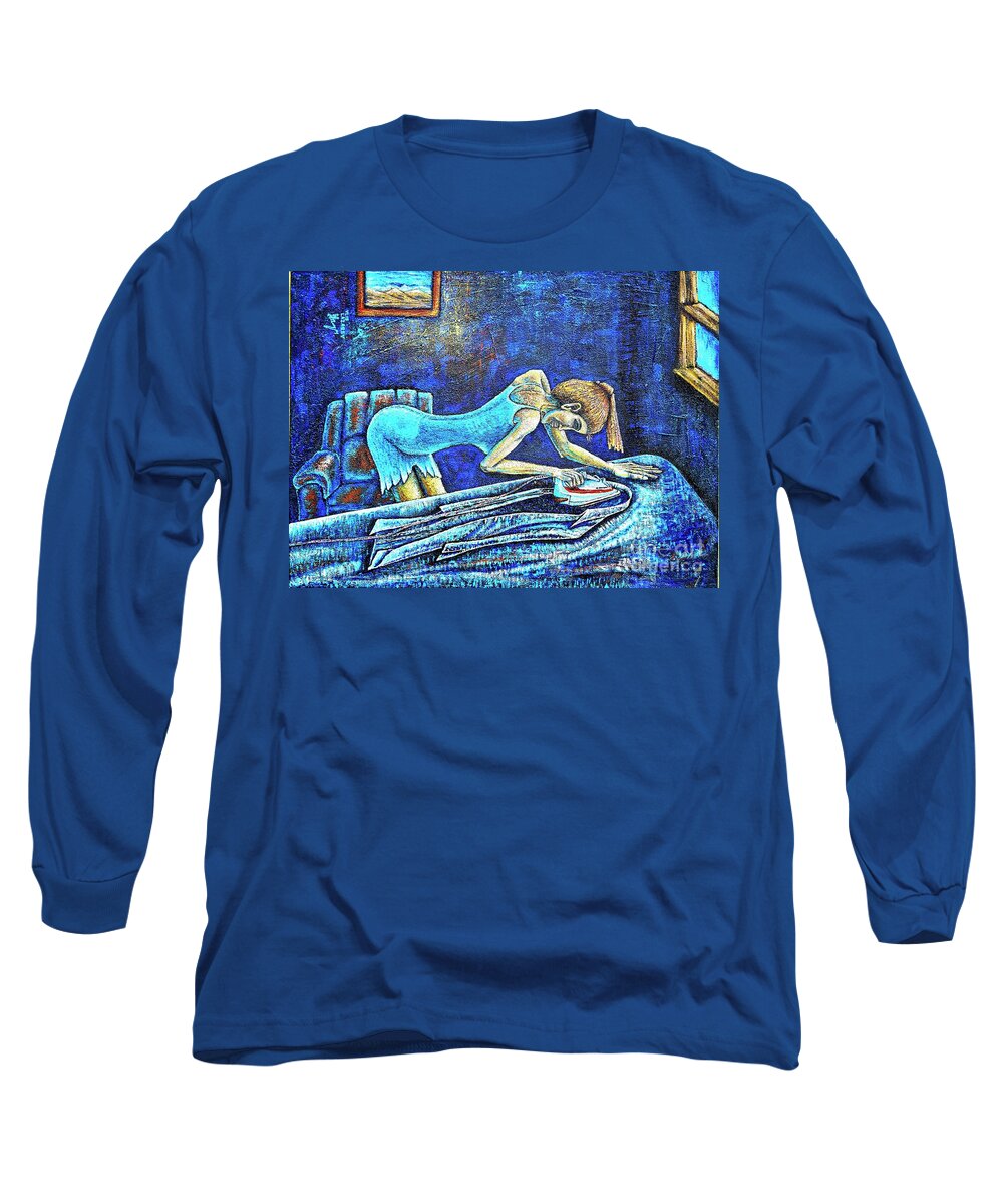 Iron Long Sleeve T-Shirt featuring the painting Ironing by Viktor Lazarev