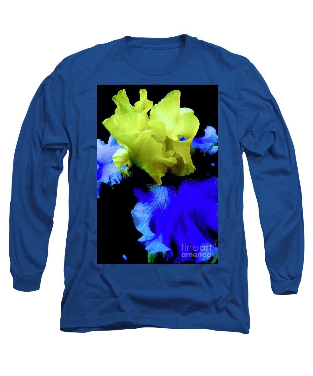 Bearded Iris Long Sleeve T-Shirt featuring the digital art Maize N Blue by Tammy Keyes
