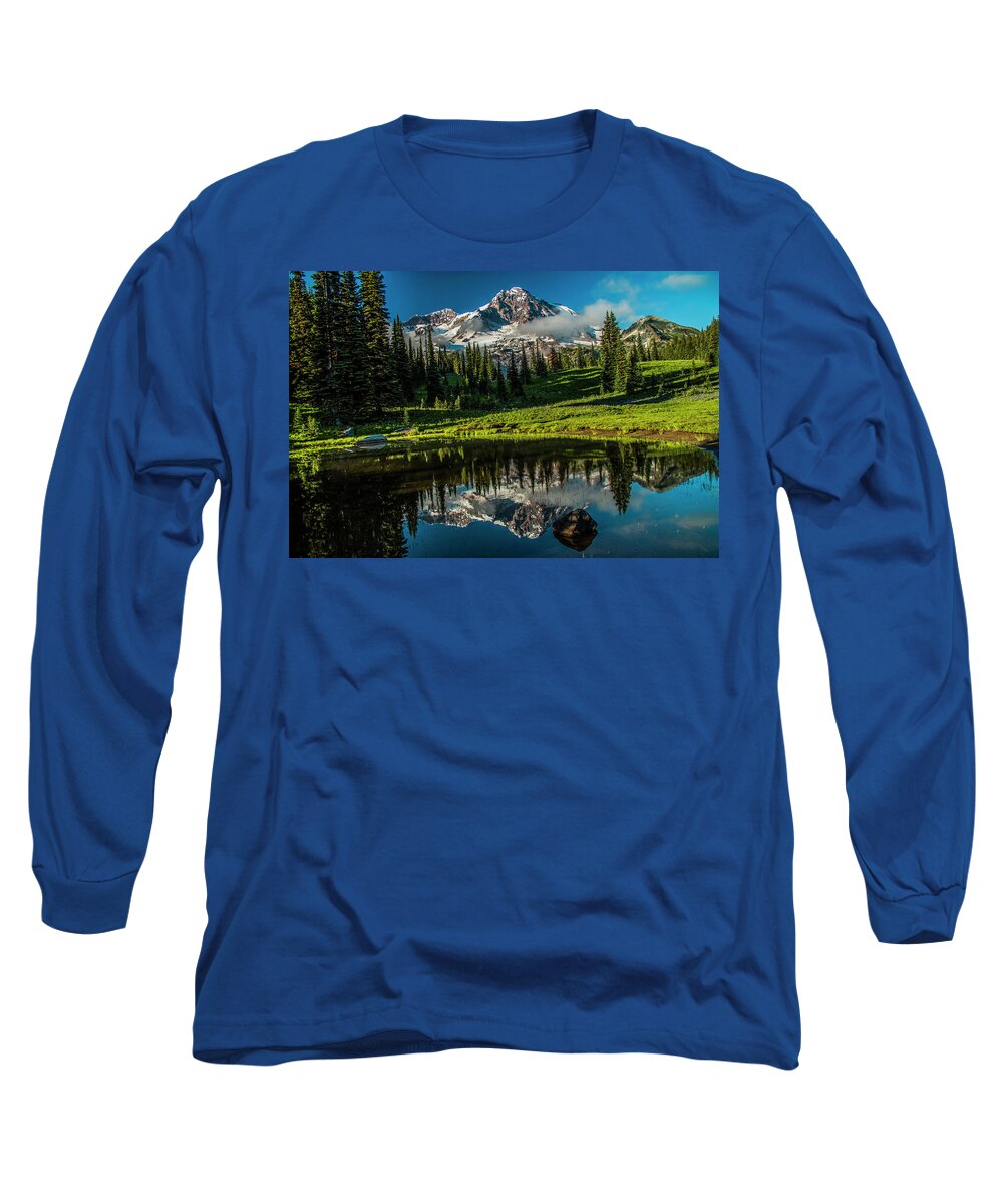 Mount Rainier Long Sleeve T-Shirt featuring the photograph Majestic Mountain Reflection by Doug Scrima