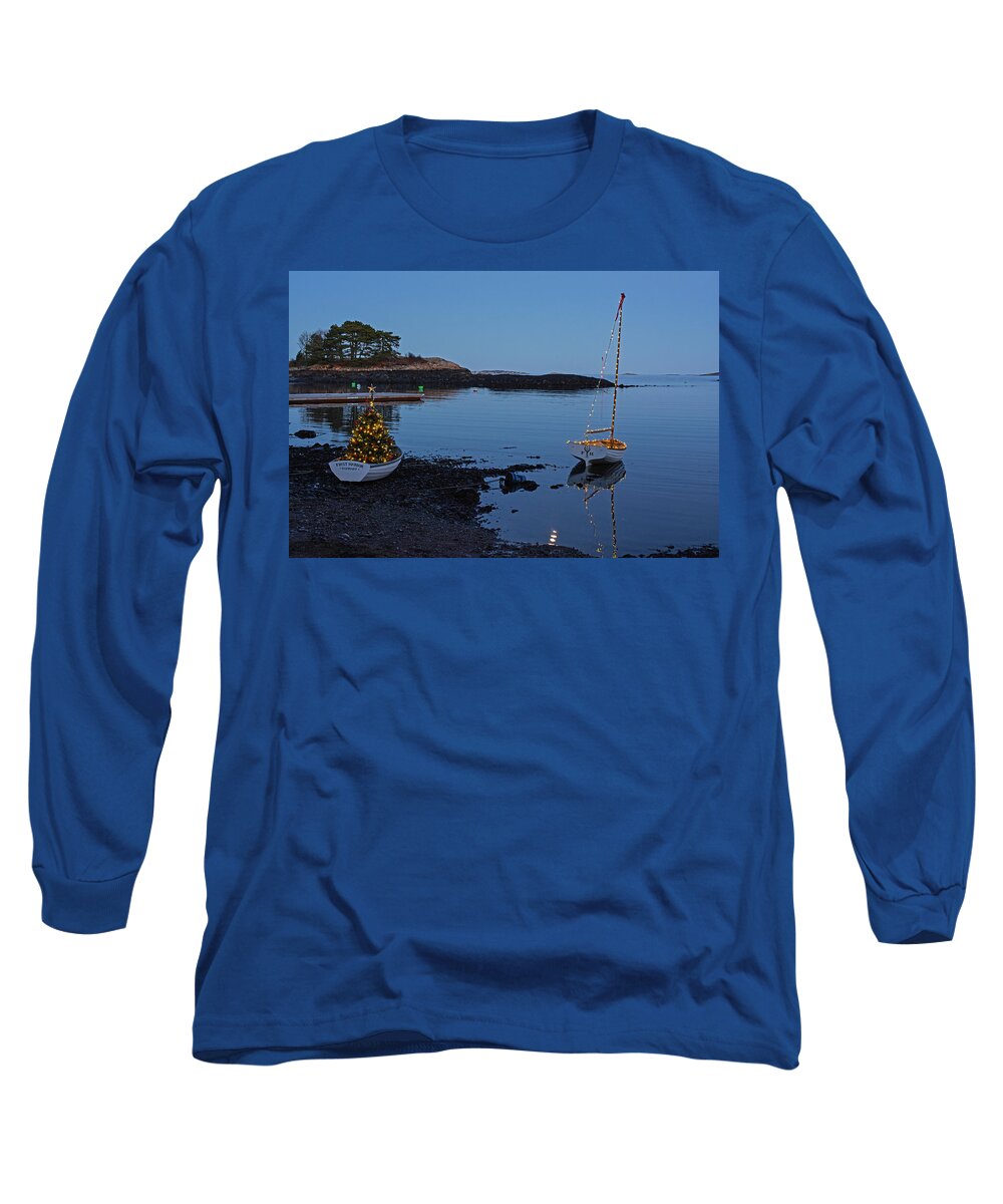 Marblehead Long Sleeve T-Shirt featuring the photograph Marblehead MA First Harbor Christmas Tree Row Boat Reflection by Toby McGuire