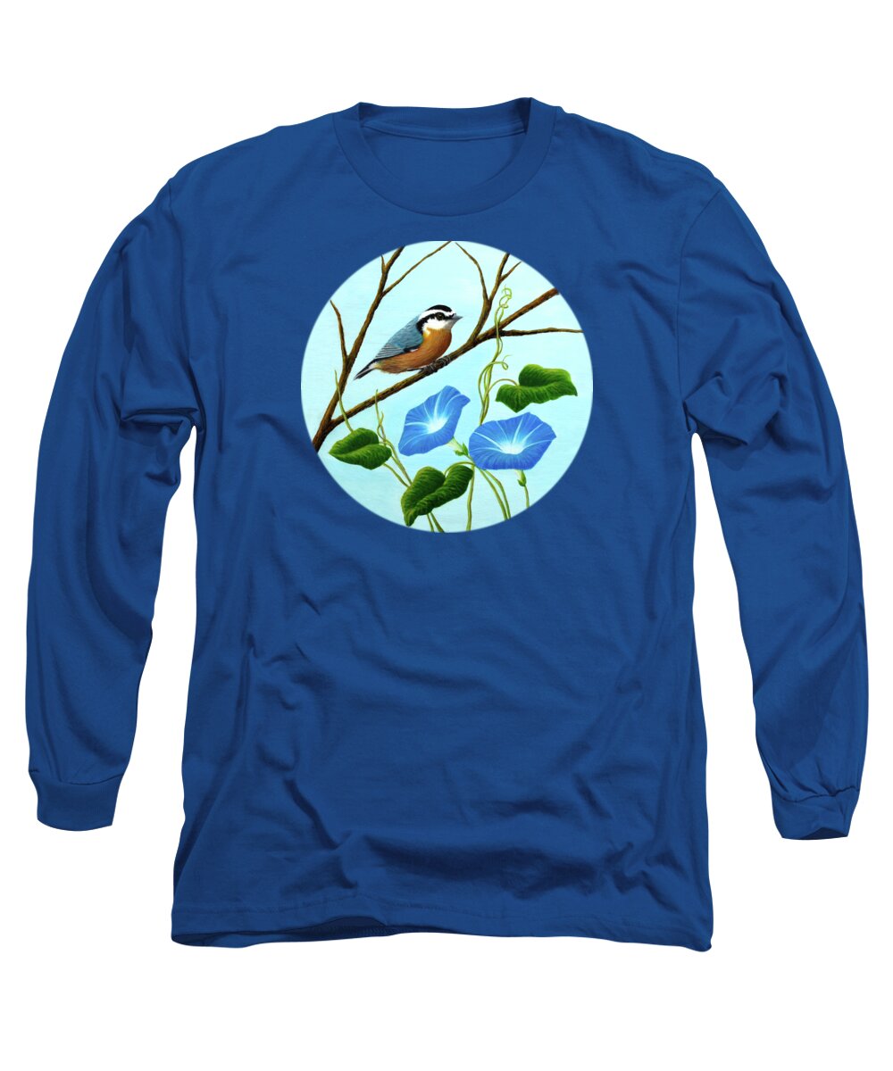 Portrait Long Sleeve T-Shirt featuring the painting Nuthatch and Morning Glories by Sarah Irland