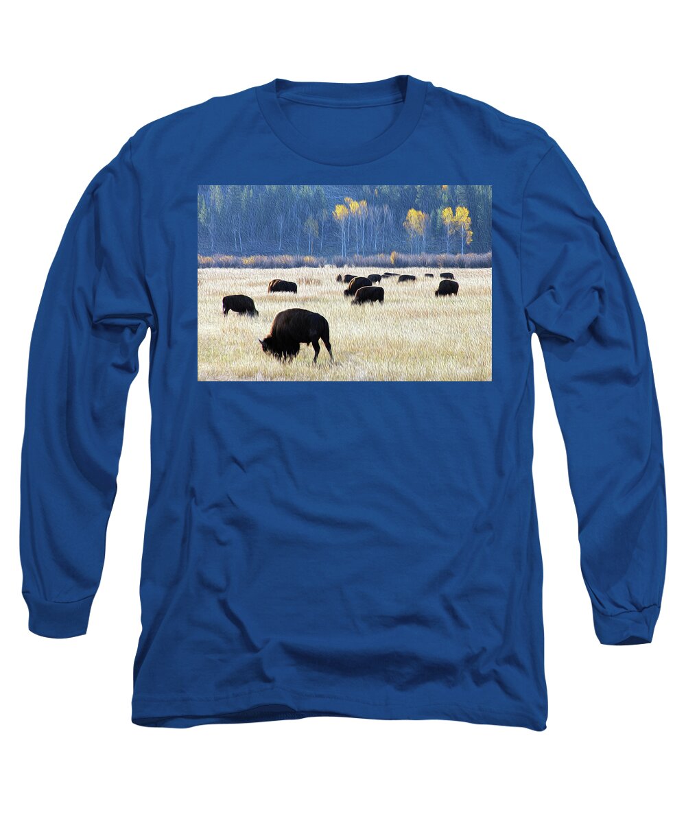 Bison Long Sleeve T-Shirt featuring the photograph Painting of Grazing Bison by Robert Carter
