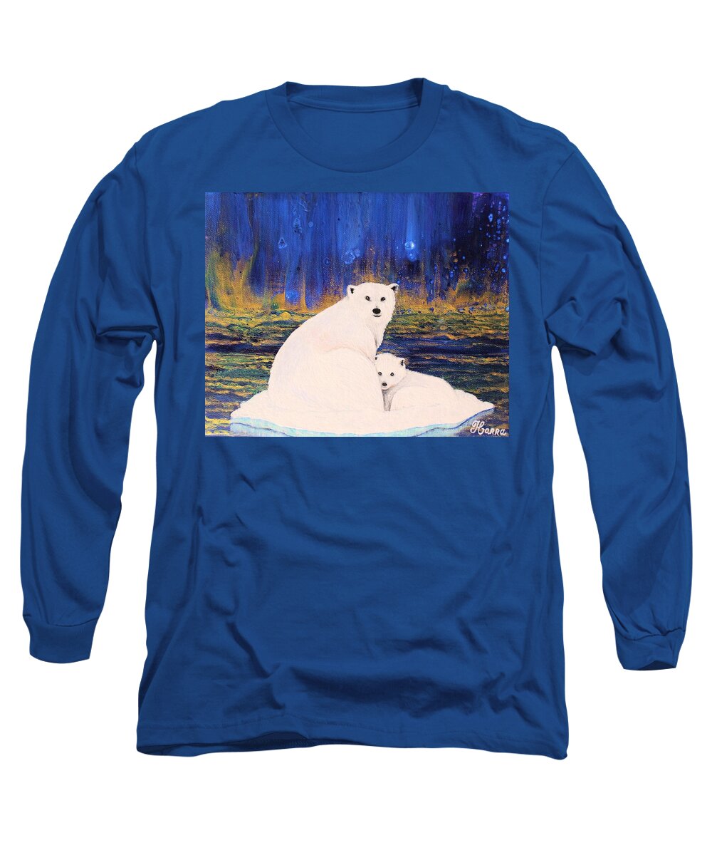 Wall Art Home Decor Art Wall Art Gallery Acrylic Painting Abstract Art Pouring Art Pouring Technique White Bear White Bears Animals Wild Animals North Pole Northern Lights Gift Idea My Animals I Love Animals Bears Blue And Gold Long Sleeve T-Shirt featuring the painting Polar Bears in the Arctic by Tanya Harr