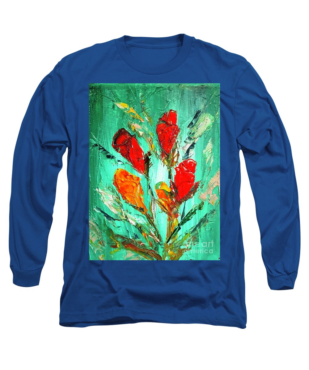 Red Rosebud Original Oil Painting Long Sleeve T-Shirt featuring the painting Red Rosebud Alla Prima Oil Painting by Catherine Ludwig Donleycott