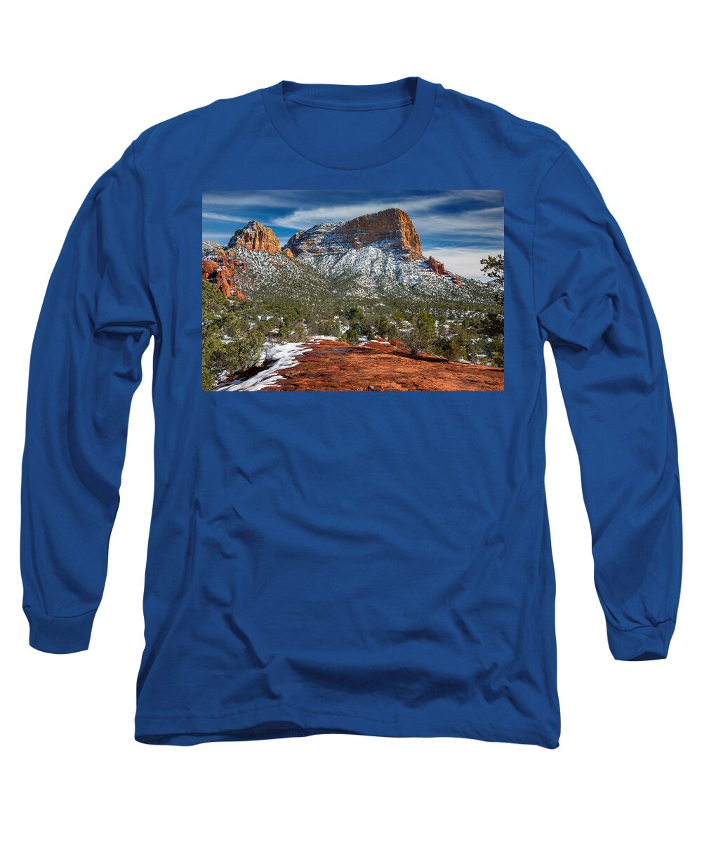 Red Rock Cliffs Sedona Arizona Fstop101 Landscape Sandstone Snow Winter Long Sleeve T-Shirt featuring the photograph Sedona Red Rock Cliffs in Snow by Geno