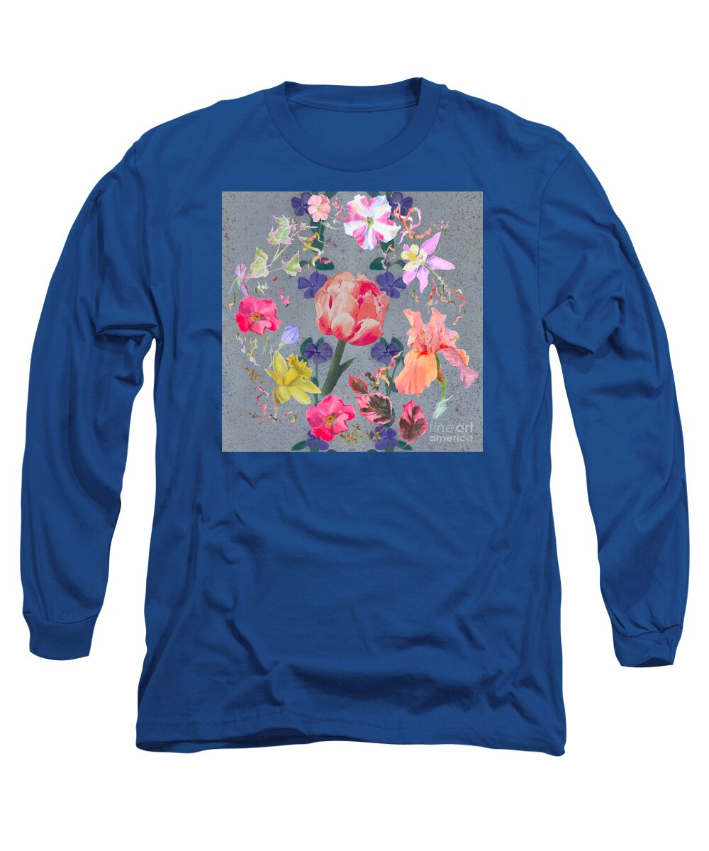 Columbine Flower Long Sleeve T-Shirt featuring the mixed media Spring Wreath on Slate Background by Nancy Lee Moran