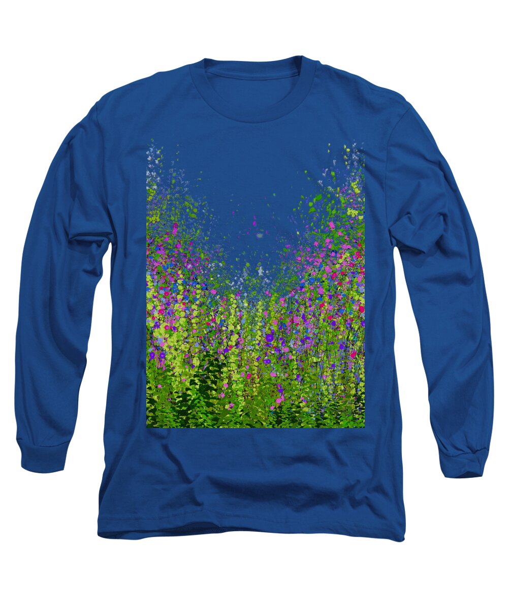 Tall Grass Long Sleeve T-Shirt featuring the mixed media The Kingdom of Bees in Tall Grass Meadow Abstract Wild Flowers by OLena Art