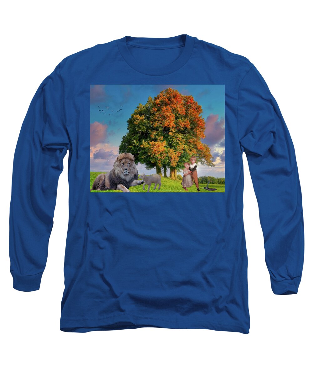 Jesus Long Sleeve T-Shirt featuring the digital art The Lion Shall Lie With the Lamb by Norman Brule