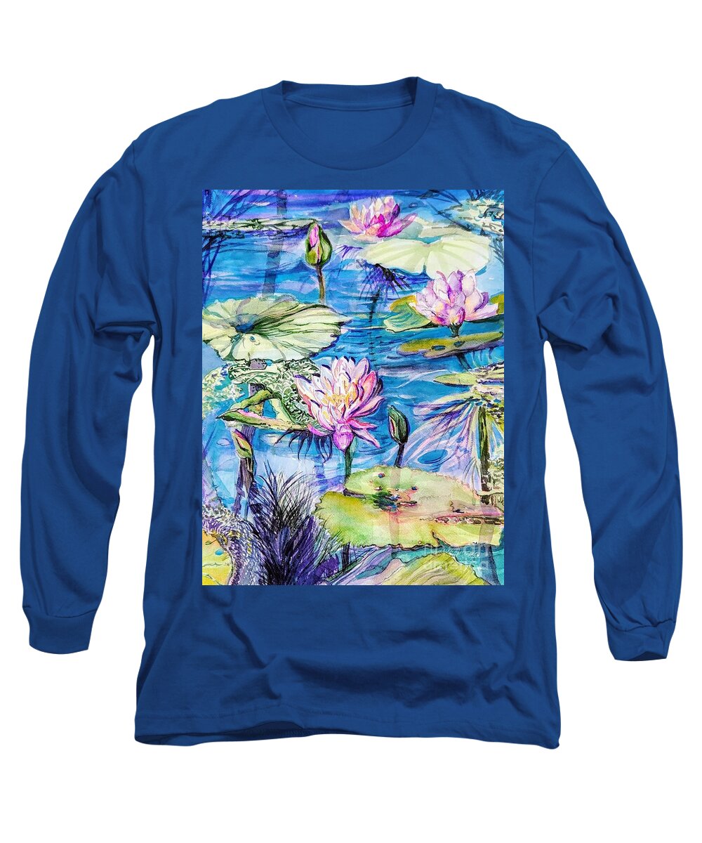 Water Lilies Long Sleeve T-Shirt featuring the painting The Silent Call of Love by Mindy Newman