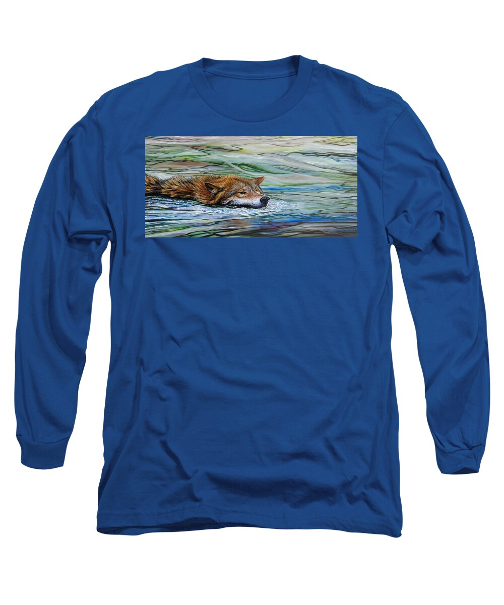 Wolf Long Sleeve T-Shirt featuring the painting Wolf Crossing by R J Marchand