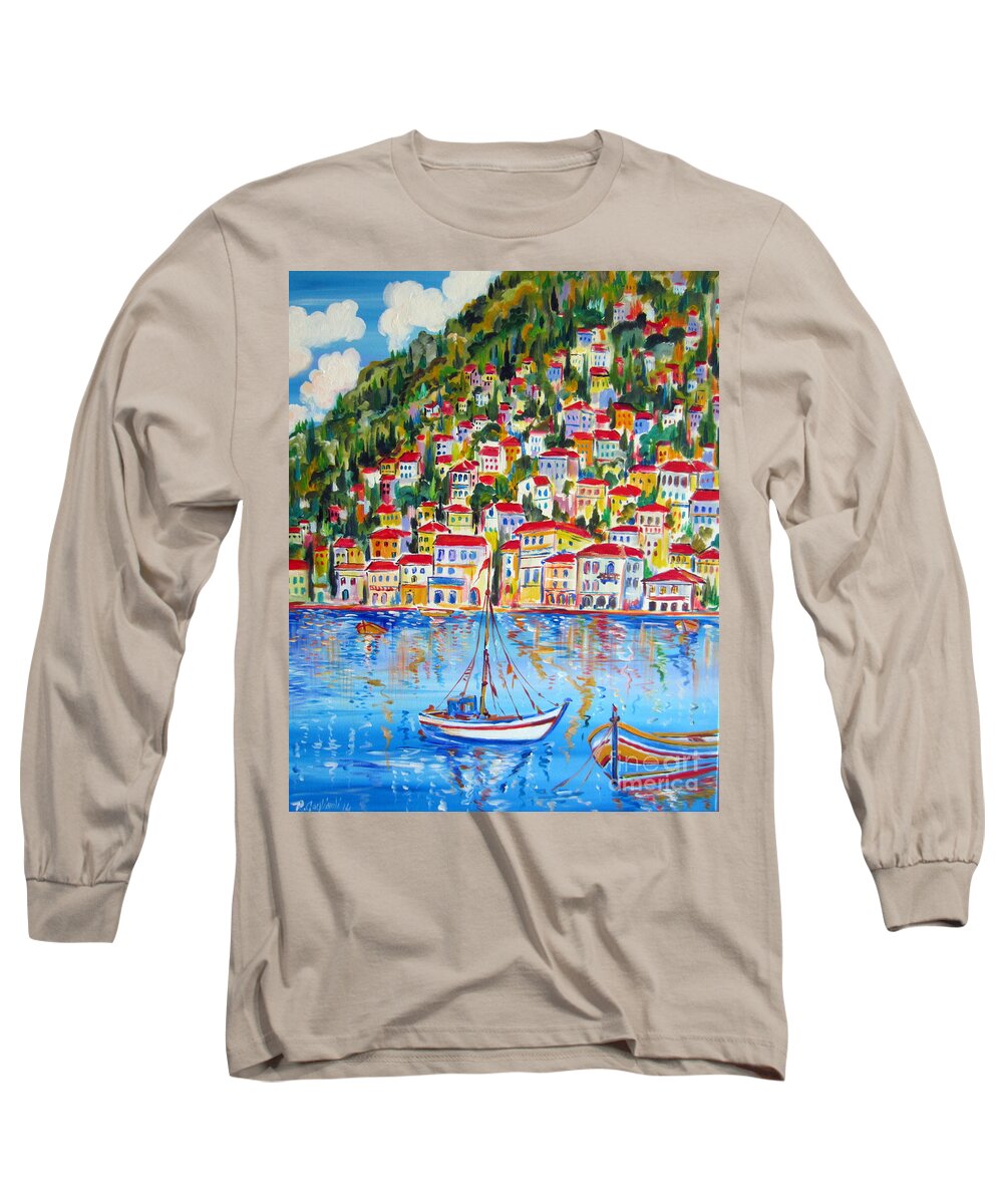 Italy Long Sleeve T-Shirt featuring the painting Boats Down South Italy Coast by Roberto Gagliardi