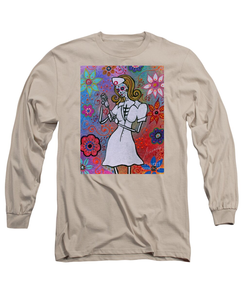 Nurse Long Sleeve T-Shirt featuring the painting Dia De Los Muertos Nurse by Pristine Cartera Turkus