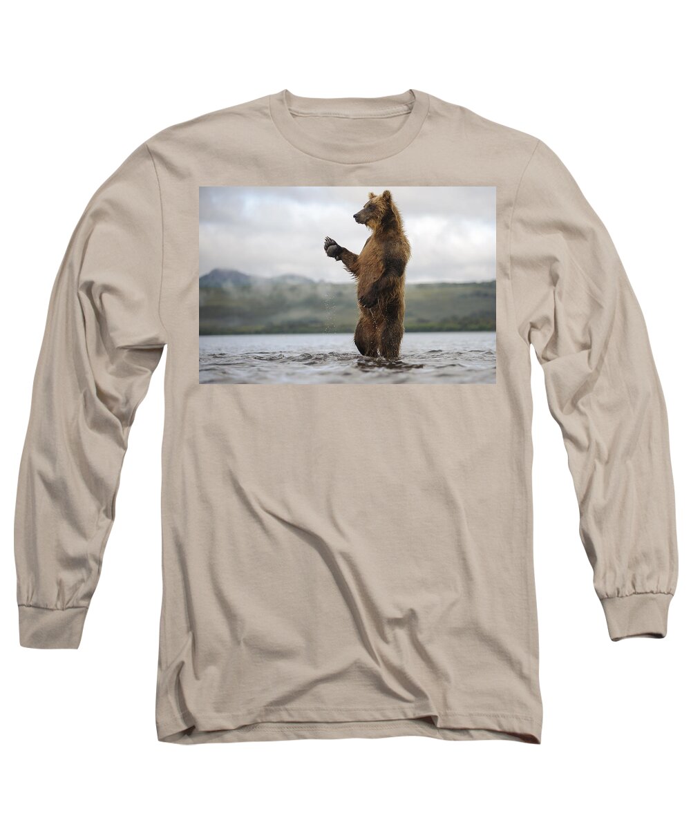 Feb0514 Long Sleeve T-Shirt featuring the photograph Brown Bear In River Kamchatka Russia #1 by Sergey Gorshkov