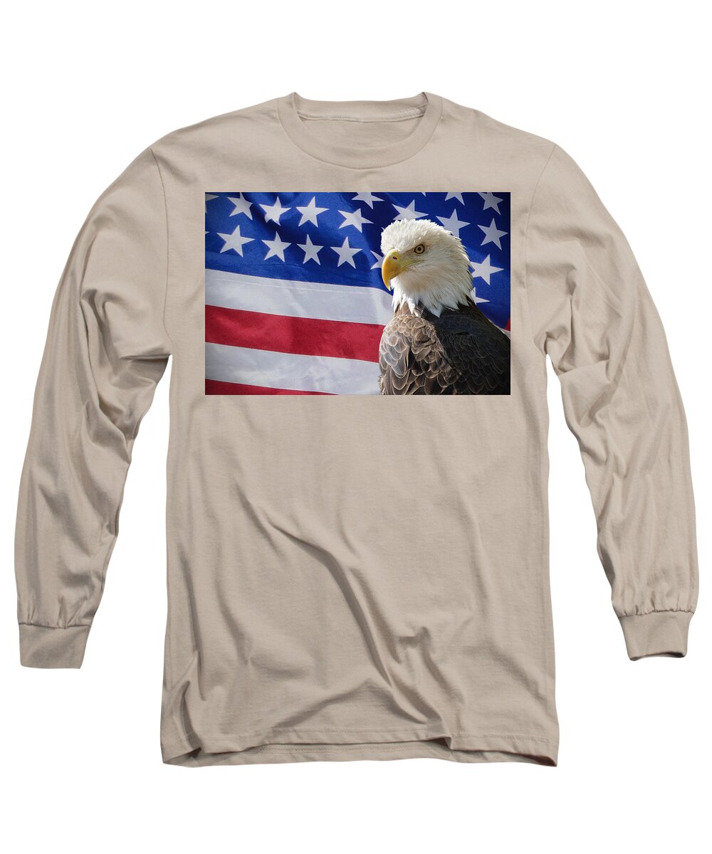 Eagle Long Sleeve T-Shirt featuring the photograph Eagle and Flag #1 by Alan Hutchins