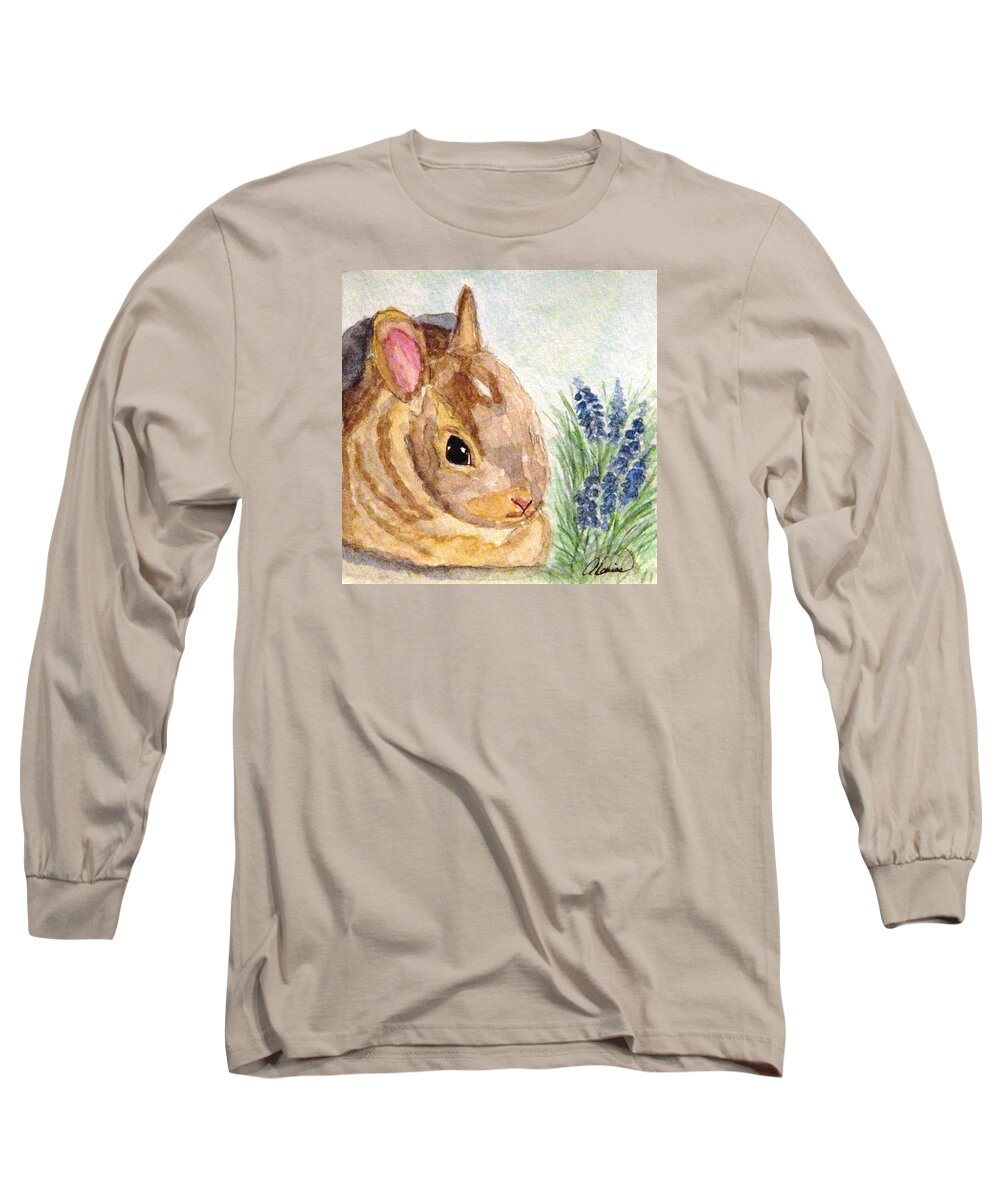 Bunny Long Sleeve T-Shirt featuring the painting A Baby Bunny by Angela Davies