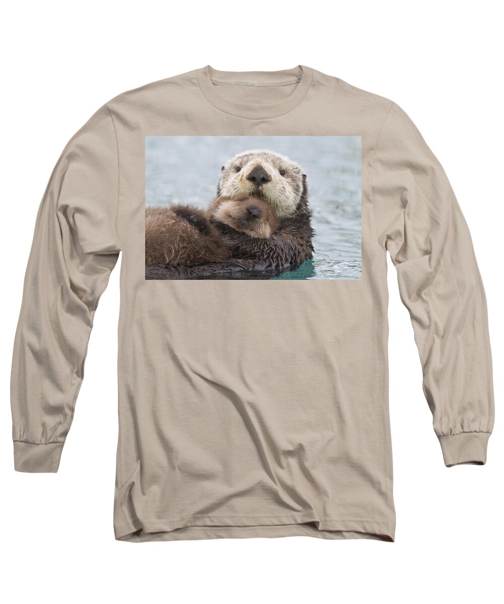 #faatoppicks Long Sleeve T-Shirt featuring the photograph Female Sea Otter Holding Newborn Pup #2 by Milo Burcham