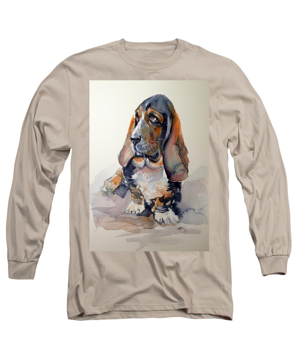 Dog Long Sleeve T-Shirt featuring the painting Basset hound #1 by Kovacs Anna Brigitta