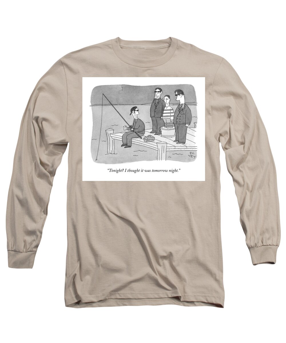 Mobster Long Sleeve T-Shirt featuring the drawing A Mobster Fishes Off A Dock by Peter C. Vey