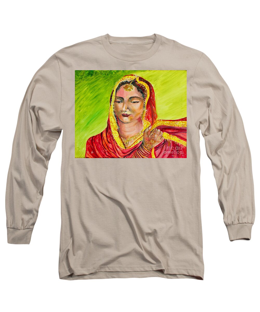 Sikh Bride Long Sleeve T-Shirt featuring the painting A sikh bride by Sarabjit Singh