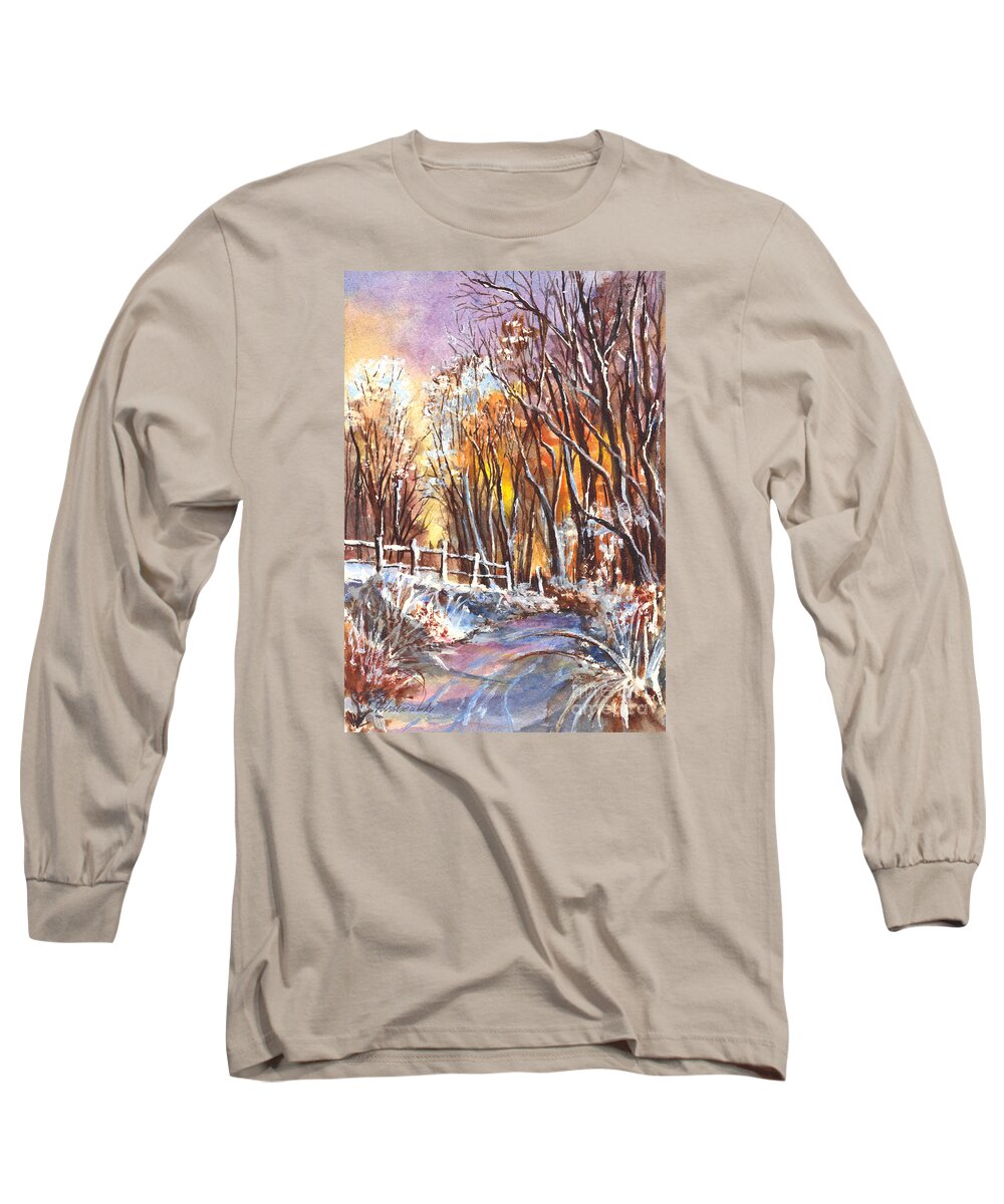 Sunset Long Sleeve T-Shirt featuring the painting A Firey Winter Sunset by Carol Wisniewski