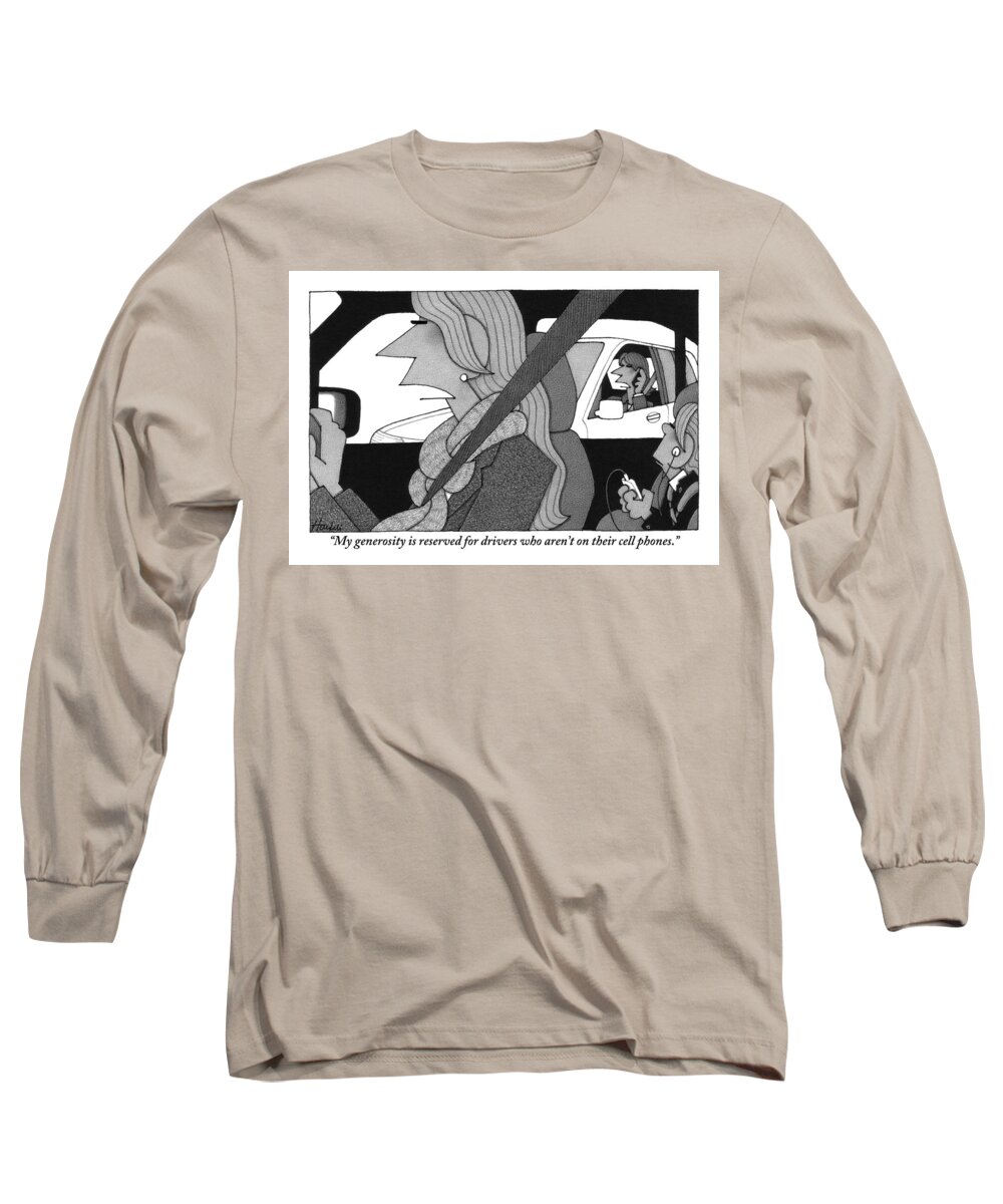 Tel-cellular Long Sleeve T-Shirt featuring the drawing A Woman Driving A Car Speaks. Her Kid Is Sitting by William Haefeli