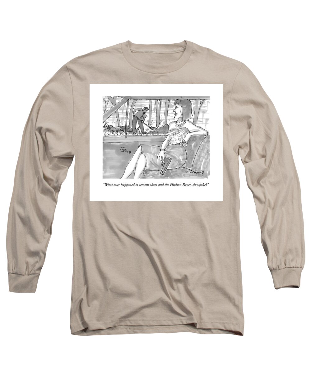 Burying Bodies Long Sleeve T-Shirt featuring the drawing A Woman With A Gun Waits In The Car As A Man by Michael Crawford