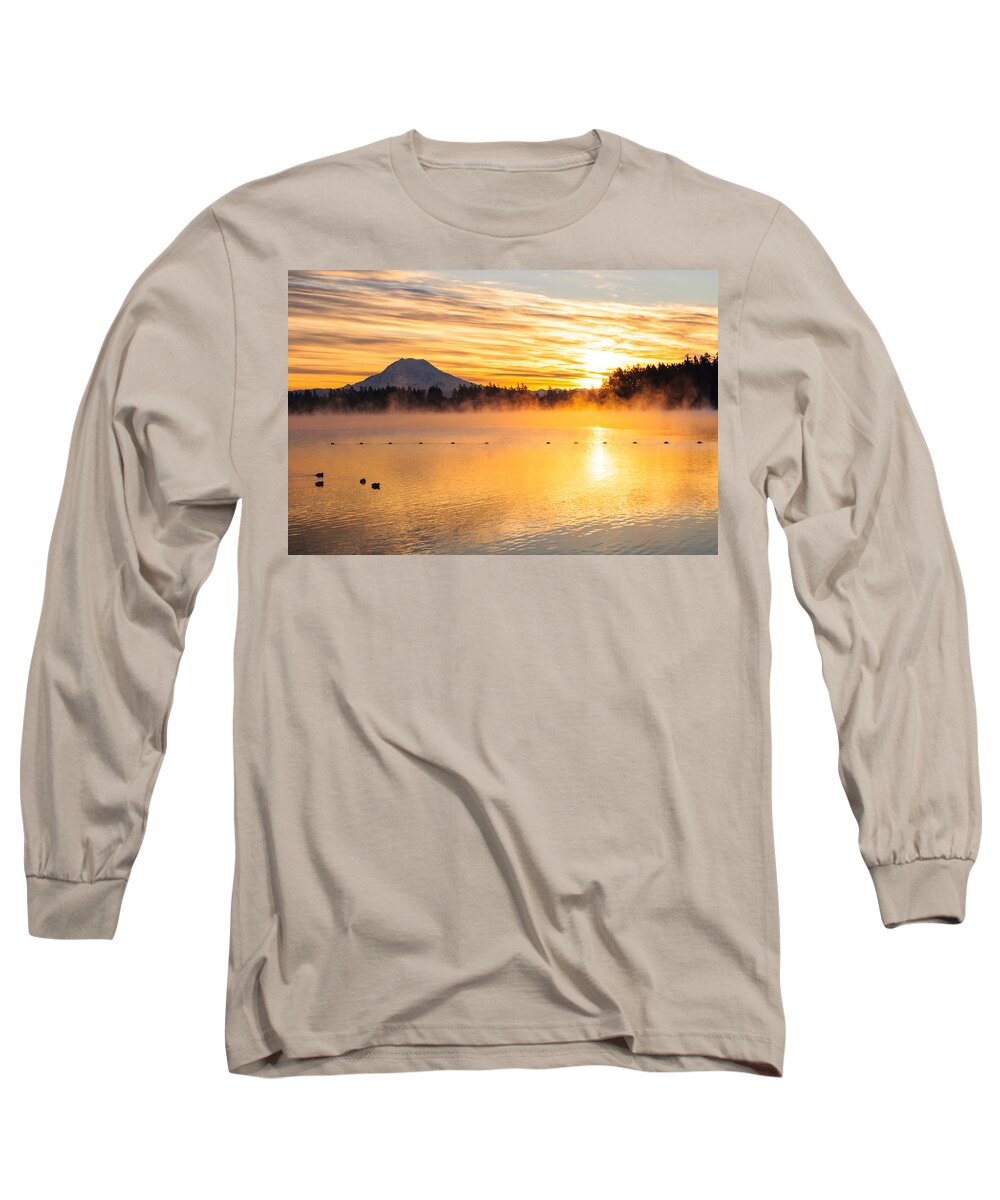 Rainier Long Sleeve T-Shirt featuring the photograph American Lake Misty Sunrise by Tikvah's Hope
