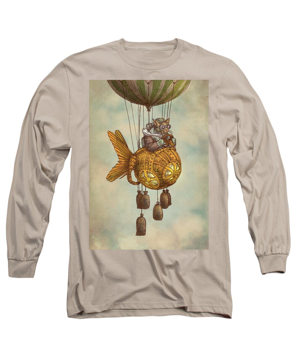 Cat Long Sleeve T-Shirt featuring the drawing Around the World in the Goldfish Flyer by Eric Fan