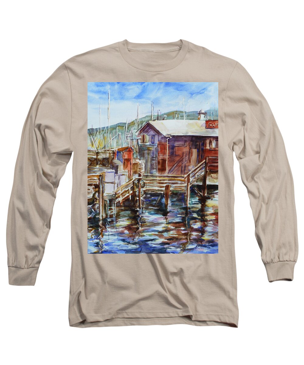 Landscape Long Sleeve T-Shirt featuring the painting At Monterey Wharf CA by Xueling Zou