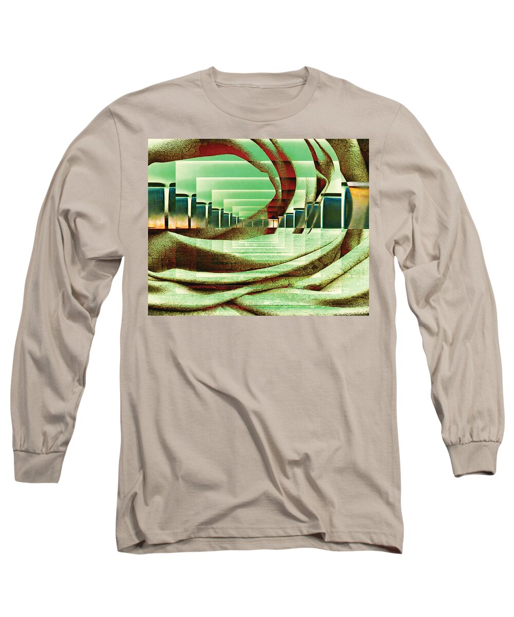 Abstract Rust Peach Green Blue Brown Horizontal Atrium Room Gallery Middle Future Futuristic Lines Curves Rectangles Slopes Public Architecture Modern Design Reflection Water Glass Interior Transparent Hallway Meeting Long Sleeve T-Shirt featuring the digital art Atrium by Paula Ayers