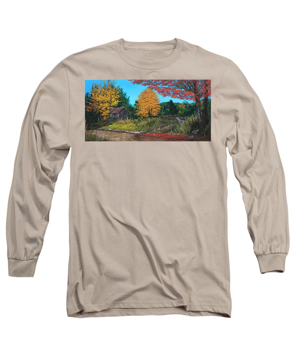 Landscape Long Sleeve T-Shirt featuring the painting Autumns Rustic Path by Wendy Shoults